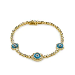 Jewels Aficionado Evil Eye Blue Quartz And White Diamond Halo Yellow Gold Bracelet
