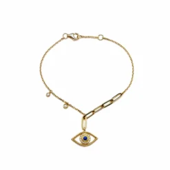 Jewels Aficionado Evil Eye Blue Sapphire And White Diamond Yellow Gold Chain Bracelet