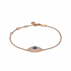 Jewels Aficionado Evil Eye Blue Sapphire Pavé Set Diamond Rose Gold Chain Bracelet