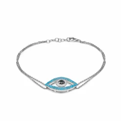 Jewels Aficionado Evil Eye Turquoise, Black Diamond And White Diamond Halo White Gold Double Chain Bracelet