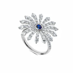 Jewels Aficionado Blue Sapphire And White Diamonds White Gold Flower Ring