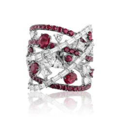 Jewels Aficionado White Gold Diamond And Ruby Stacked Ring